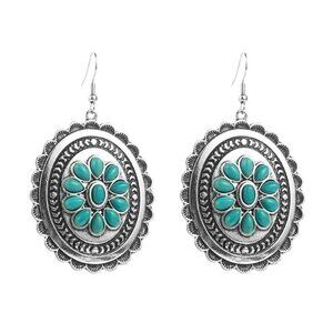 2/$24 Vintage-Style Silver & Turquoise Flower Oval Dangle Earrings